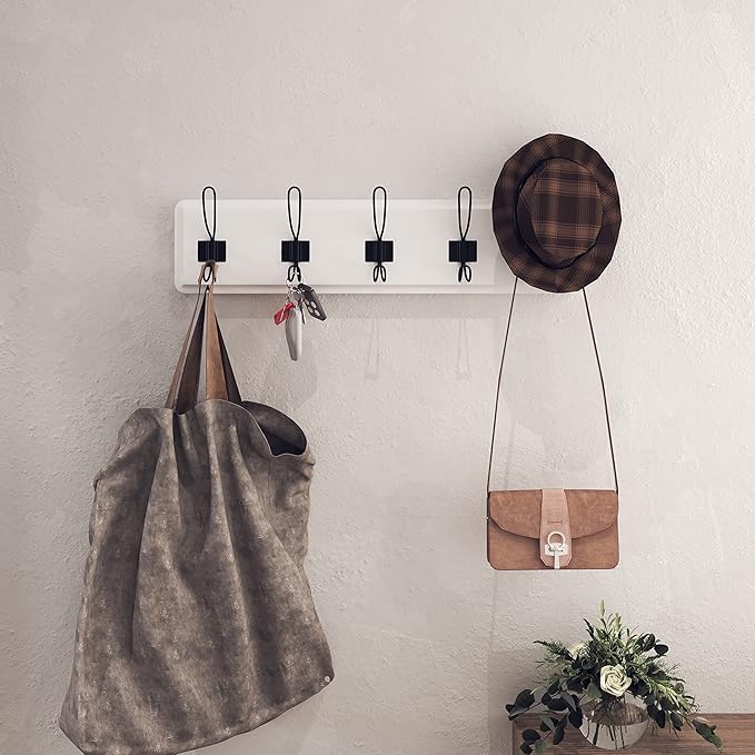 HBCY Creations White Solid Wood Wall Mounted Coat Rack with Shelf, 5 Hooks, 24" Long - Kitchen, Mudroom, Entryway, Bathroom - Includes Mounting Hardware, Coat Hanger, Dog Leash Hooks, Towel Rack