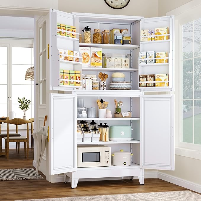 74.8" Tall Metal Food Cabinet, White Kitchen Pantry Cabinet, Storage Cabinets with 4 Door and 4 Adjustable Shelves, Steel Freestanding Cupboard for Kitchen Dining Room Living Room Bathroom