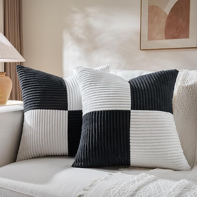 Fancy Homi Set of 2 Black White Decorative Throw Pillow Covers 20x20 Inch for Living Room Couch Bed Sofa, Farmhouse Boho Home Decor, Soft Cross Corduroy Patchwork Accent Square Cushion Case 50x50 cm