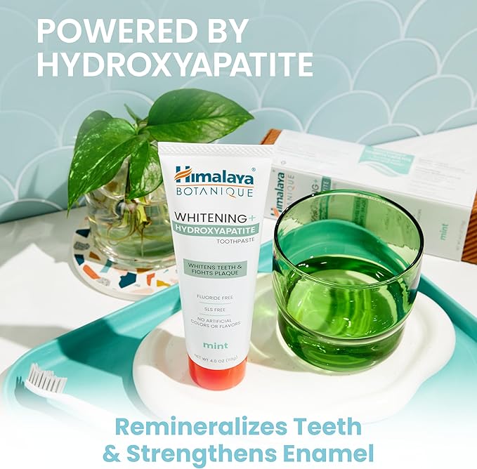 Himalaya Botanique Whitening + Hydroxyapatite Toothpaste for Whiter Teeth & Fresher Breath, Fights Plaque with Hydroxyapatite Support & Mint Flavor, Fluoride Free, SLS Free, & Vegan, 4.0 oz, 2 Pack