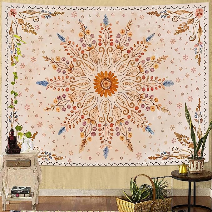 Fowocu Boho Floral Mandala Tapestry for Bedroom Aesthetic Watercolor Bohemian Flower Wall Tapestry Brown Beige Hippie Indian Large Tapestries Wall Hanging for Living Room Dorm Decor 80 x 60 Inch