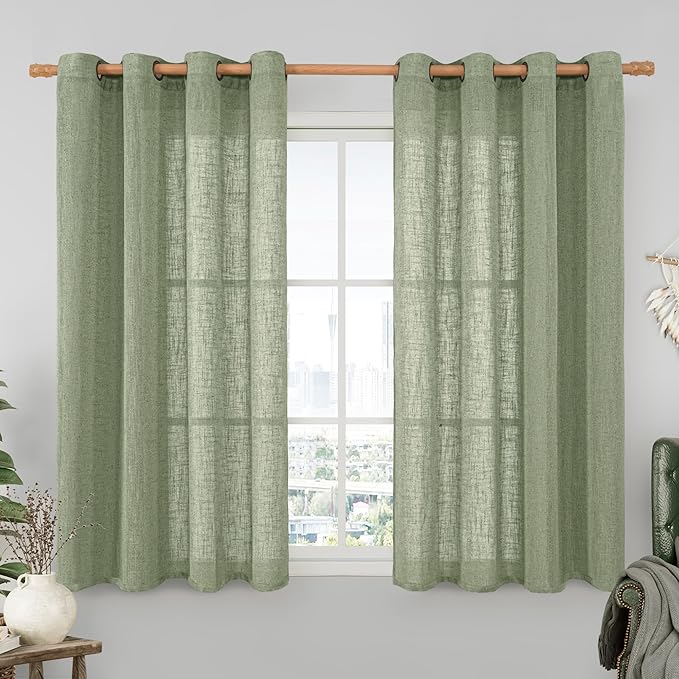 LAMIT Semi Sheer Linen Curtains 54 Inch Long 2 Panels, Sage Green Light Filtering Panels Bronze Grommet Linen Textured Christams Window Drapes for Kitchen/Windows/Bedroom, 52 x 54 Inch