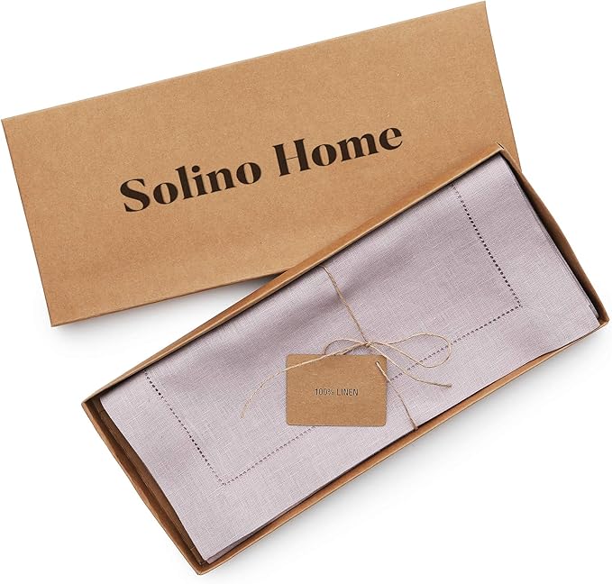 Solino Home Linen Lilac Table Runner 120 Inches Long - 100% Pure Linen Hemstitch 14 x 120 Inch Table Runner for Dining - Classic Hemstitch