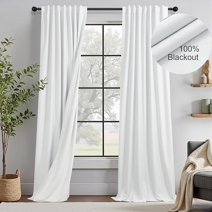 White Complete Blackout 90 Inch Curtains Boho Rustic Closet Kids Curtains 2 Panel Set Linen Cotton Large Window Energy Saving Weather Thermal Curtain Farmhouse Kitchen Boho Drapes 90 Long Floor Length