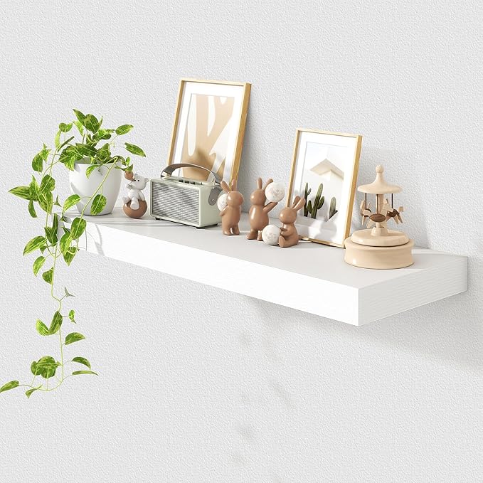 Deep Floating Shelves for Wall | 36 Inch Wide x 12 Inch Deep White Floating Shelves | 36W x 12D Rustic Wood Wide Wall Shelves | Bookshelf Laundry Shelf TV Shelf