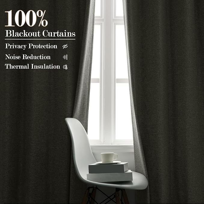 Extra Wide 100% Blackout Linen Textured Curtains - Room Dividers, W200 x L96 (1 Panel), Pinch Pleat Drapes for Living Room, Full Light Block Out Drapery for Sliding Door, Greyish White