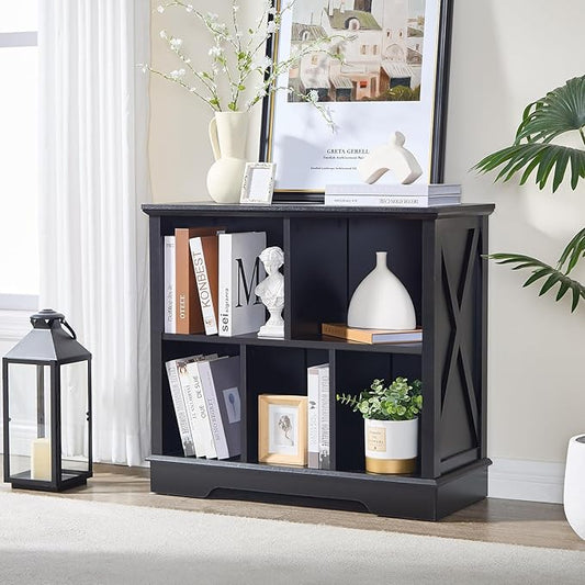 Farmhouse 5 Cube Bookshelf, Black Storage Organizer Bookcase, Kids Toy Storage Cabinet, Small Bookshelves Storage Organizer Shelf, Wood Display Cabinet Book Shelves for Bedroom,Living Room,Office