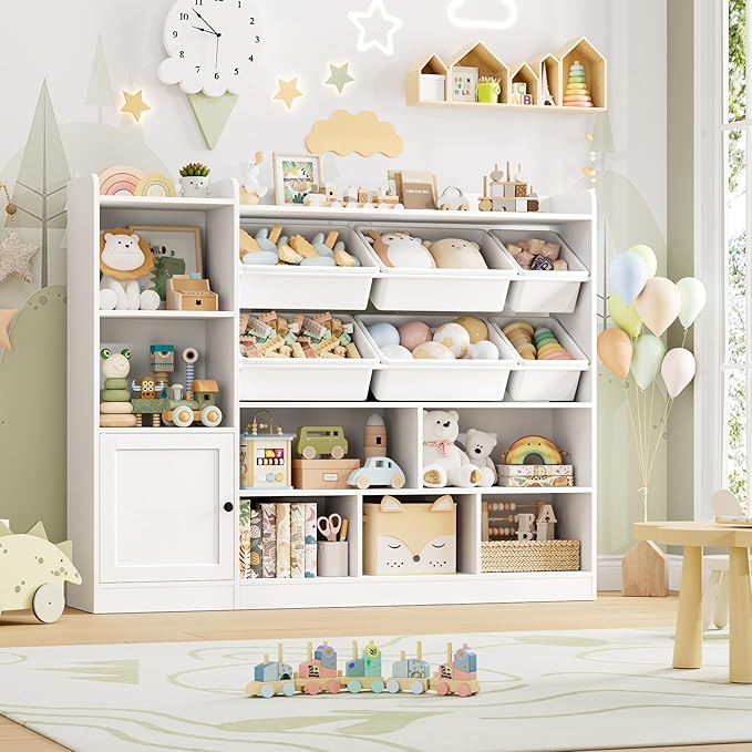 Toy Storage Organizer, 55” Wide Toy Organizers and Storage with 8 Storage Cubbies & 6 Toy Bins, Large Toy Box with Bookshelf, Playroom Storage for Playroom, White
