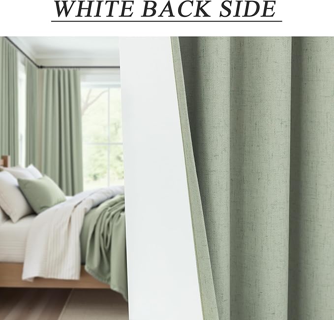Sage Green Curtains 84 Inch Length 2 Panels Set for Bedroom Back Tab Blocking Light Sage Boho Blackout Linen Drapes Thermal Insulated Black Out Room Darkening Window Curtain for Living Room 52x84 Long