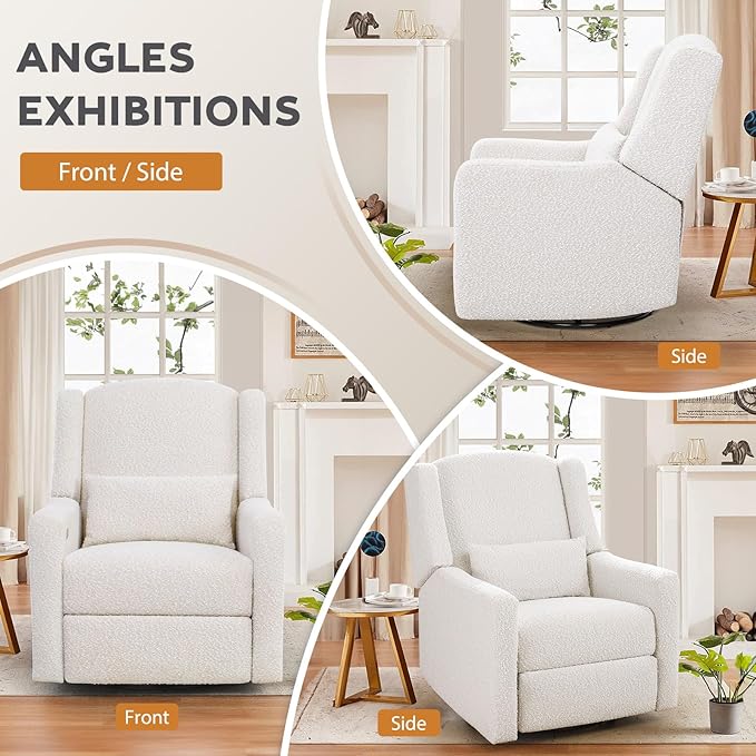Power Recliner Chair Swivel Glider, Large Rocker Recliner with Ottoman & USB Charging Port, Boucle Upholstered Swivel Rocker Glider Recliner for Nursery,Bedroom,Living Room, Cream