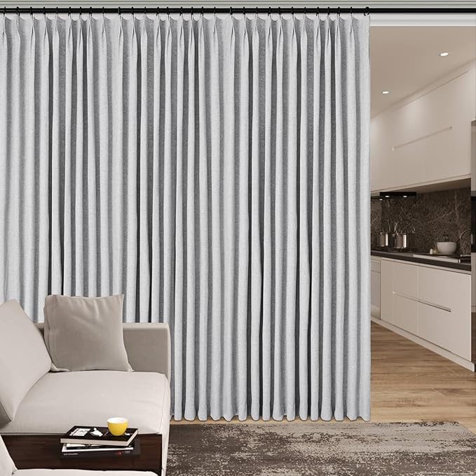 Silver Grey Pinch Pleat 100% Blackout Drapes Linen Blend, Room Divider, Room Darkening, Energy Saving, Furniture Protecting, Light Blocking Extra Wide Privacy Curtains, 240Wx84L, 1 PC