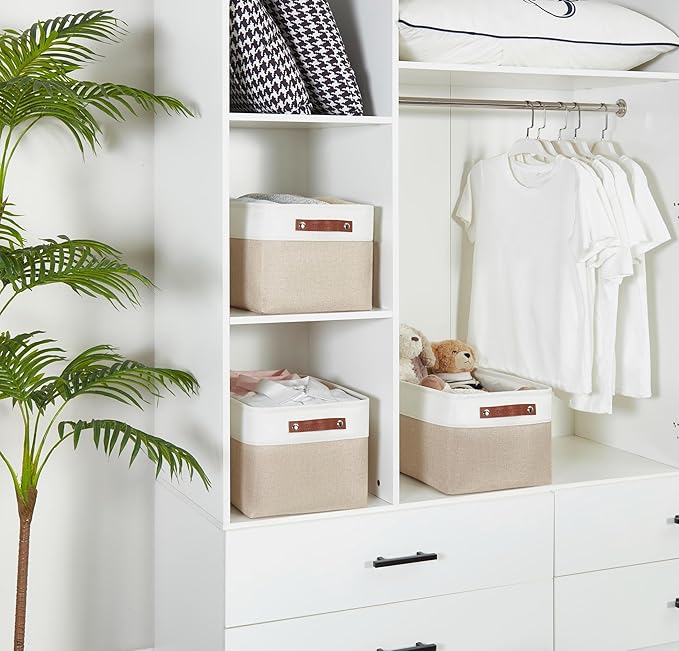 DECOMOMO Storage Bins Fabric Storage Baskets for Shelves, Linen Closet Organization Toys Nursery (Beige and White, Large - 3 Pack)
