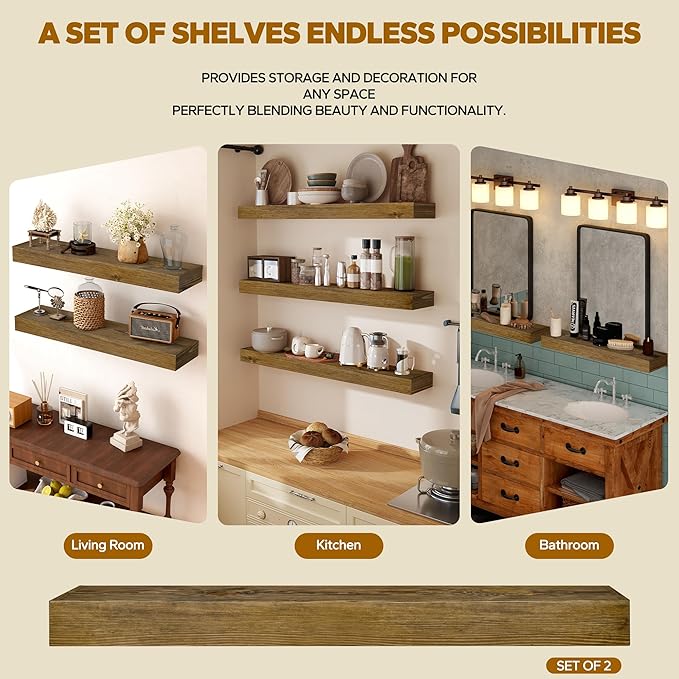 Floating Shelves 24 inch for Wall Set of 2,3 inch Thick Pine Wood Wall Mount Shelf for Kitchen Living Room Bedroom Bathroom,8" D x 24" L x 3" H-Drak Walnut