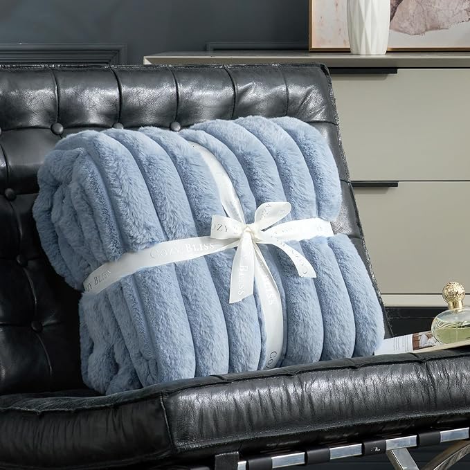 Cozy Bliss Faux Fur Throw Blanket for Couch, Cozy Warm Plush Striped Blanket for Sofa Bedroom Living Room,50 * 60 Inches Light Blue