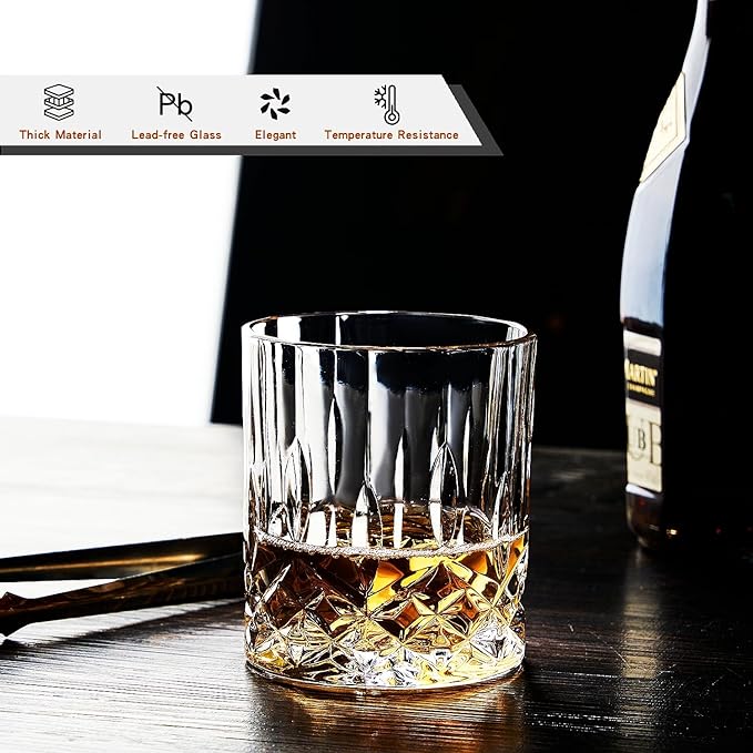 Whiskey Glasses Set of 4,Rock Glasses,11 oz Lead-Free Crystal Bourbon Glass,Old Fashioned Glass for Bourbon,Cognac,Irish Whisky,Personalised Whisky Glass Gift Set for Men,Dad,Brother