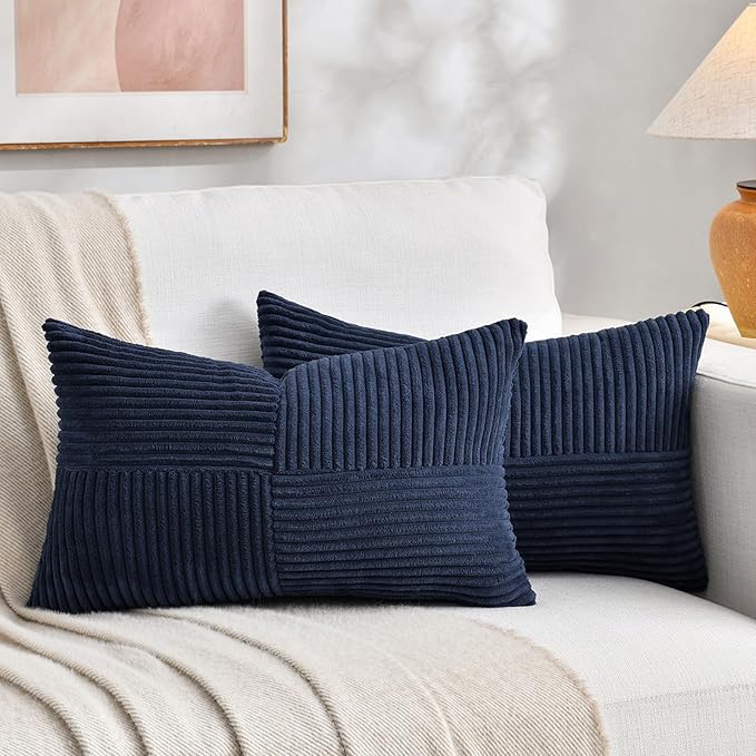 Fancy Homi 2 Packs Navy Blue Long Lumbar Decorative Throw Pillow Covers 16x24 Inch for Couch Bed Sofa, Rustic Farmhouse Boho Home Decor, Soft Striped Corduroy Rectangle Accent Cushion Case 40x60 cm
