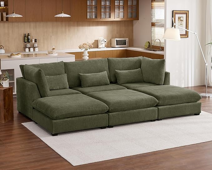 Oversized Modular Sofa, Extra Deep Cloud Chenille Sectional Couch with Ottoman Chaise, Fluffy Chenille 6 Seater Couch Bed for Living Room, Villa (Sofa Bed 6 Seater, Chenille Green)