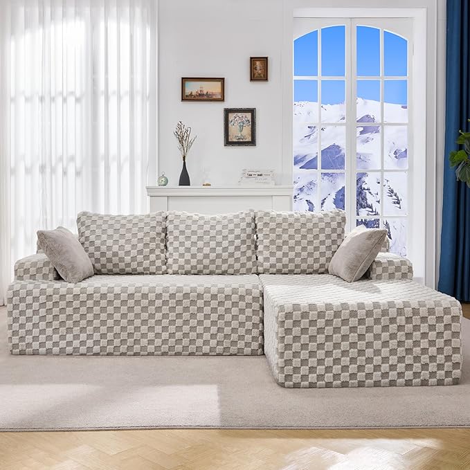 Hobestluk 96“ Modular Sectional Sofa Couches L-Shape Couch 3 Seat Modular Sofa Sectional Couches for Living Room, Cloud Couch with Oversized Chaise (Greygreen, Checked (Right Facing Chaise))