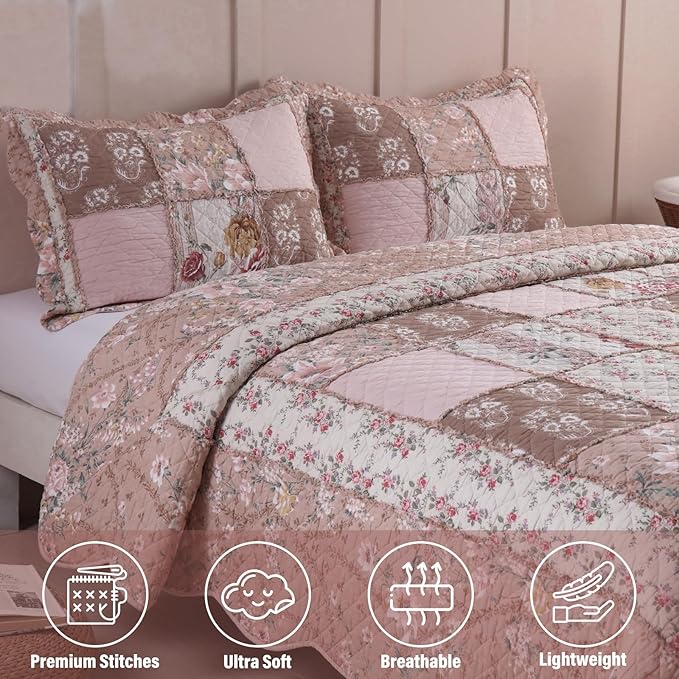 NEWLAKE Quilt Set King Size, Cotton Patchwork Pink Floral Quilt Sets, Real Stitched Embroidery Bedspread Lightweight and Breathable for All Seasons, Soft Quilted with 2 Pillow Shams