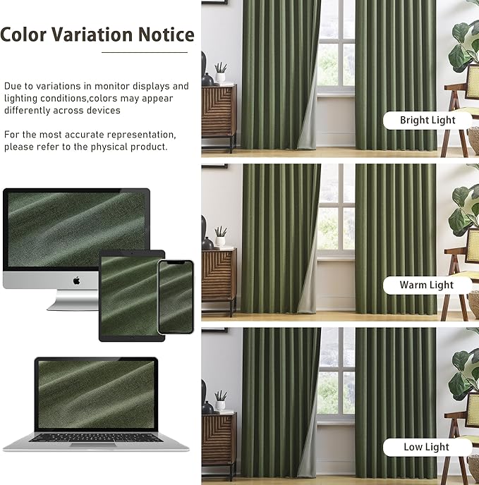 RAIN CITY 90 Inch Long Linen Blackout Curtains 2 Panels Set, Back Tab Pinch Pleated with Hooks, Thermal Insulated Modern Neutral Decor Window Curtain Drapes for Bedroom,- Loden/Olive Forest W50 x L90