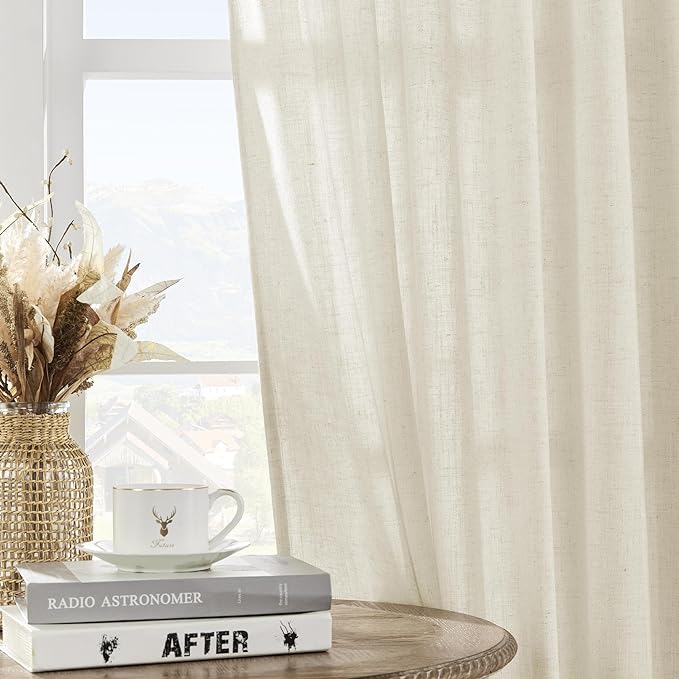 Joydeco Linen Curtains 2 Panel Set, Ivory on Linen Curtains 96 Inch Long, Light Filtering Drapes for Living Room, 70 Inches Wide Drapes with Rod Pocket Back Tab (96" L x 70" W, Ivory on Linen)