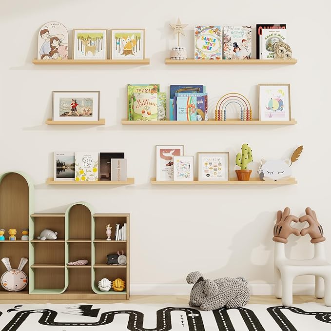 Picture Ledge Shelf, Solid Pine Wood Floating Shelves Set of 2, 32 Inches Nursery Book Shelves for Toys Storage, Kids Bookshelf Wall Mounted for Living Room Decor Photo Frames, Unfinished Natural
