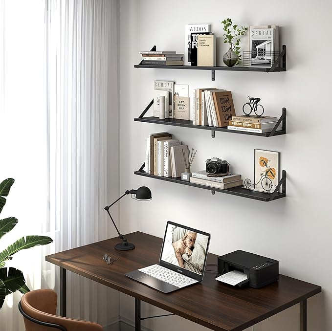 Heimlove Floating Shelves for Wall, 36 Inch Long Wood Floating Bookshelf Set of 3, Wall Mounted Hanging Shelf for Bathroom Bedroom Kitchen, Black