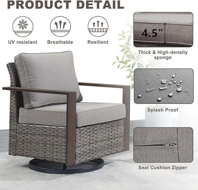 Outdoor Wicker Patio Furniture Set - 5 Piece Patio Conversation Set with 2 Wicker Swivel Rocker Chairs,2 Rattan Ottoman and 1 Couch,Thick Cushions,Deep Seating,Wide Armrest(Mixed Grey/Grey)
