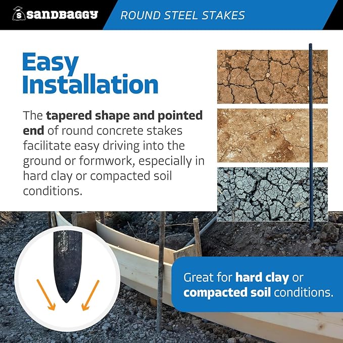 Sandbaggy Round Steel Concrete Form Stakes with Nail Holes - Rust Resistant Coating - Removable, Reusable (20, 3/4 in X 60 in)