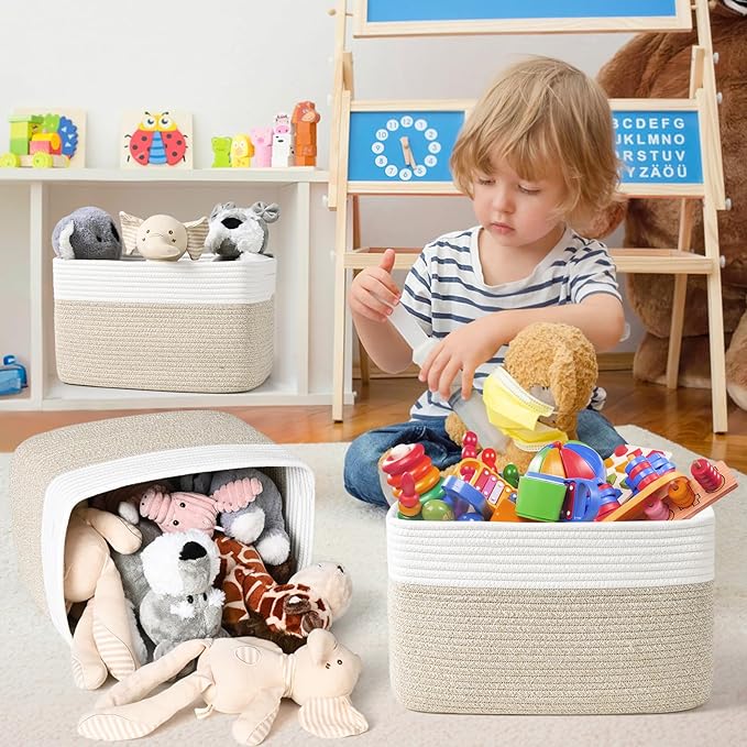 Shelf Baskets for Organizing, Woven Storage Basket for Shelves, Cotton Rope Storage Bins for Toys Books, Nursery Towel Baskets for Classroom, 14.96"X9.8"X8.85", 3-Pack White/Brown