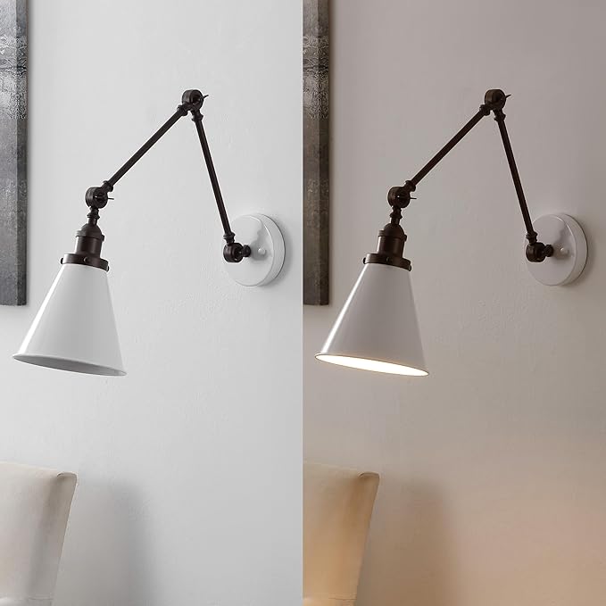 JONATHAN Y JYL7462C Rover 7" Classic Industrial Metal Adjustable Arm LED Wall Sconce, White/Oil Rubbed Bronze for Bedroom, Bathroom, Vanity