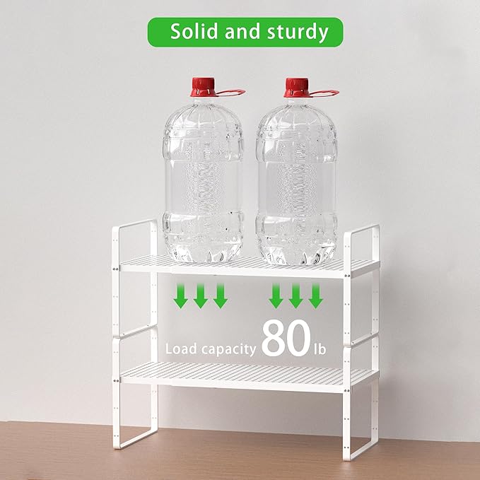 Expandable Cabinet Storage Shelf Stackable Organizer Rack for Kitchen Bathroom Pantry Spice Cupboard Coffee Countertop Home Office Desk Heavy Duty Nonslip White Large 3 Packs