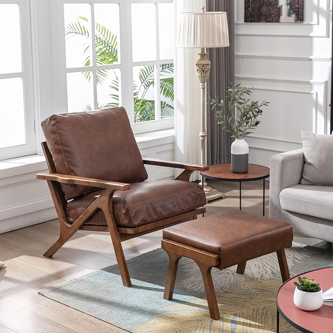 Brown Leather Accent Chair and Ottoman, Mid Century Modern Arm Chair, Retro Upholstered Armchair with Wood Frame & Removable PU Cushions, Large Leisure Slipper Chair for Living Room/Bedroom, Set of 2