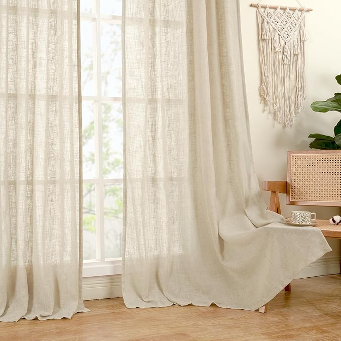LAMIT Light Filtering Linen Curtains 84 inches Long for Bedroom, Linen Textured Semi Sheer Bronze Grommet Burlap Boho Modern Drapes for Living Room/Farmhouse, 2 Panels, 38 x 84 Inch