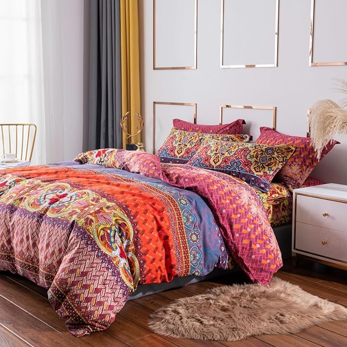 ABREEZE Bohemian Duvet Cover Set Colorful Orange Boho Retro Bedding Set Damask Paisley Cotton Duvet Cover Tribal Reversible Bedding Exotic Style Comforter Cover 3-Piece Twin