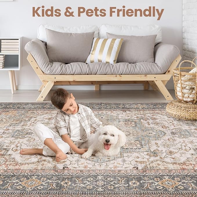 Washable Area Rugs for Living Room -10x13 Neutral Vintage Distressed Floral Farmhouse Boho Large Soft Floor Rug Indoor Non Slip Carpet for Living Room Bedroom Dining Room Office - Forest Green Orange