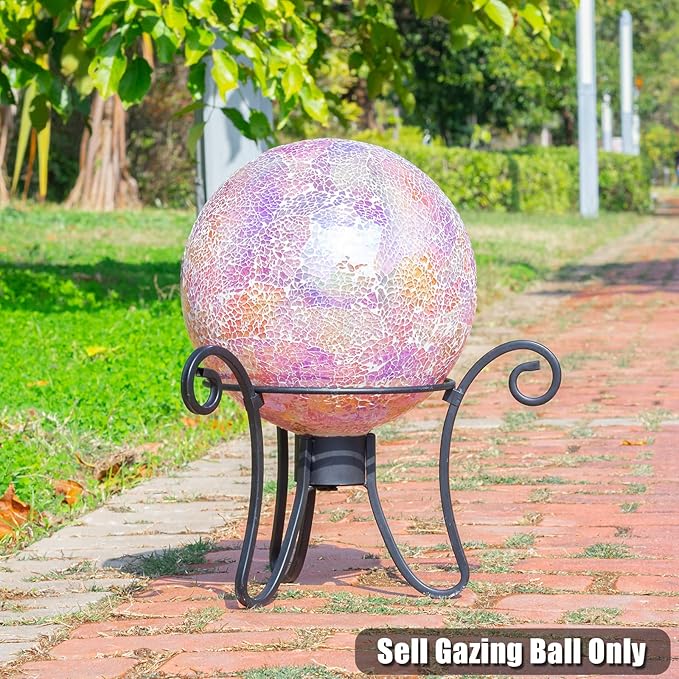 VCUTEKA Gazing Ball, Iridescent Crackled Glass Mosaic Gazing Balls Sphere for Garden Lawn Outdoor Ornament Yard Decorative, 10-Inch, Pink