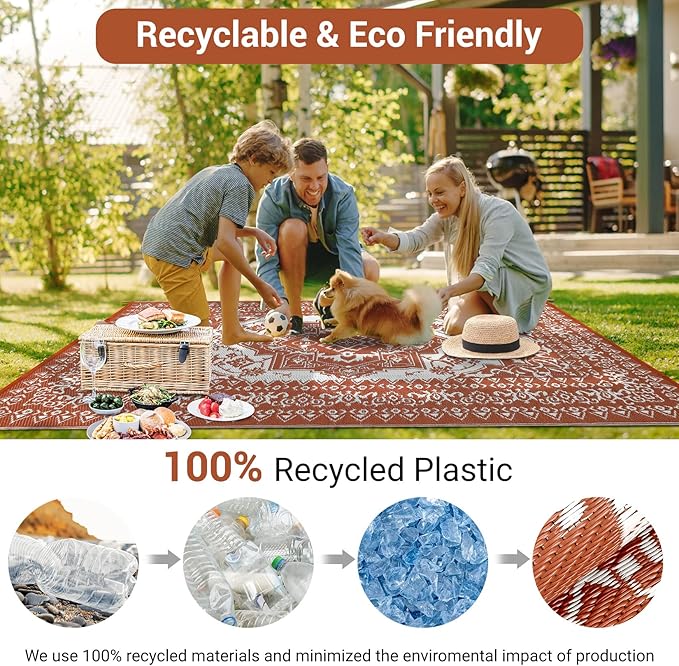 GAOMON Extra Large Outdoor Rug 10x20 Waterproof Plastic Straw Rug Reversible Vintage Patio Carpet, Portable Picnic Camping Mat with Bag & Stakes, Outside Carpet for Balcony Garden Yard, Orange Red
