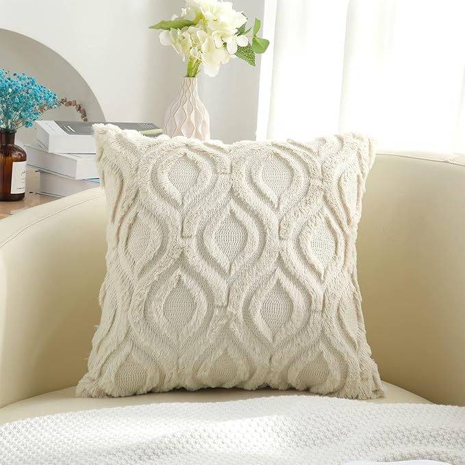 decorUhome Fall Throw Pillow Covers 18x18 Inch Set of 2, Soft Plush Decorative Faux Fur Beige Solid Couch Pillow Covers, Accent Farmhouse Neutral Square Euro Pillow Cases for Sofa Bed Living Room