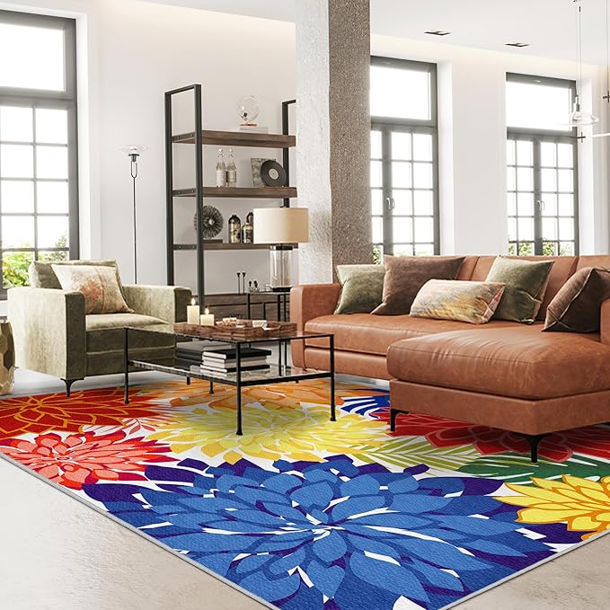Indoor Outdoor Area Rug 8x10 Patio Washable Multicolored Patio Rug Tropical Botanical Modern Floral Indoor Outdoor Carpet Non-Slip for RV, Pool Deck, Backyard, Porch