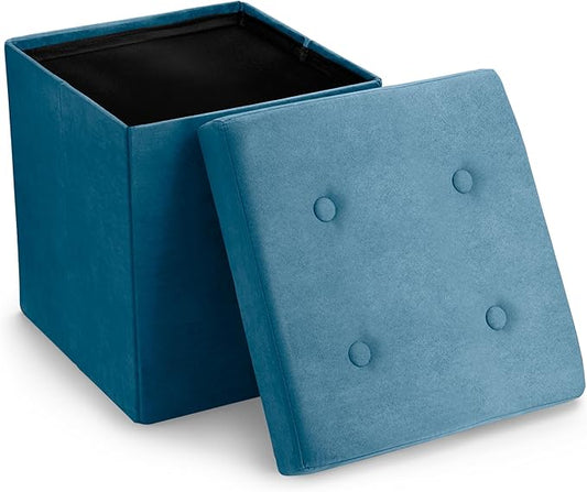 Sorbus Folding Ottoman - Foot Rest Cube, Bedroom Bench, Coffee Table, Shoe Storage, Foot Stool, Pouf - Teal Blue Suede Velvet