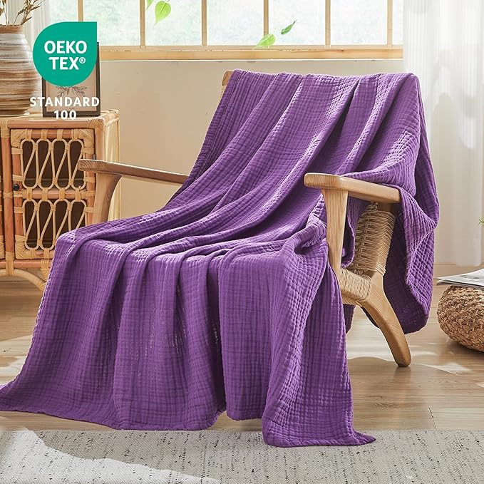 EMME Cotton Muslin Queen Blanket Bed Layering Breathable Gauze Blanket Soft Lightweight Blankets Adults (Purple, 90"x90")