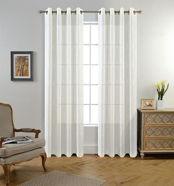 MIUCO Moroccan Embroidered Semi Sheer Curtains Faux Linen Grommet Curtain Panels for Living Room 52 x 95 Inch 1 Pair, Off White