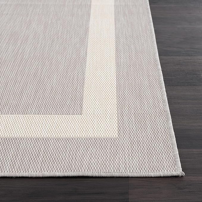CAMILSON Outdoor Rug 5x7,Modern Outside Rugs for Patios Porches Waterproof Durable Washable Non-Shedding, Easy-to-Clean Indoor Outdoor Area Carpet (5 x 7, Bordered - Gray/White)
