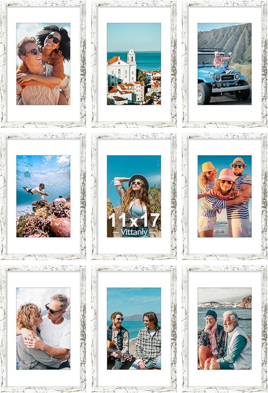 Vittanly 11x17 Picture Frames Set of 9, Shatter Resistant Plexiglass, Display 8x12 Pictures with Mat or 11x17 without Mat, Photo Frames for Wall Mount, Engineered Wood, Distressed White