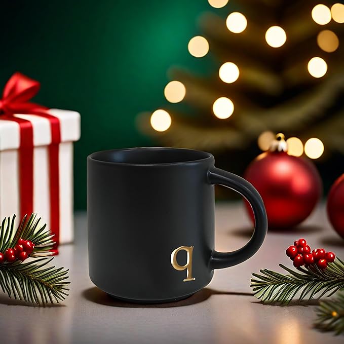 COLLECTIVE HOME - Black Monogram Ceramic Mugs, 15 oz Golden Initial Coffee Cups, Elegant Alphabet Tea Mugs, Personalized Halloween Mug with Gift Box, Perfect for Office and Home Décor (q)