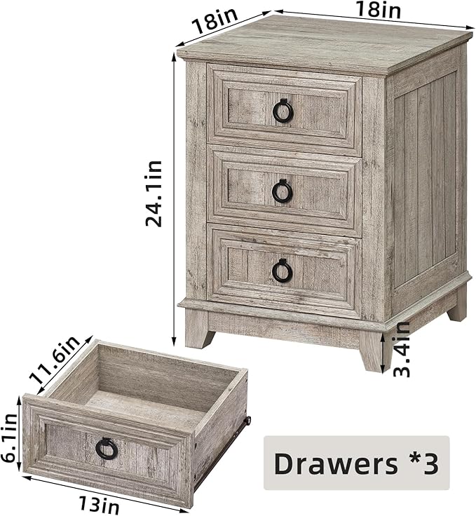 Farmhouse Night Stand Set of 2, 18" End Table with 3 Drawer Metal Handle, Dresser for Bedroom, Sofa Bed Side Table Chest of Drawers,Wood Nightstand Cabinet for Organizer, Living Room-Oak