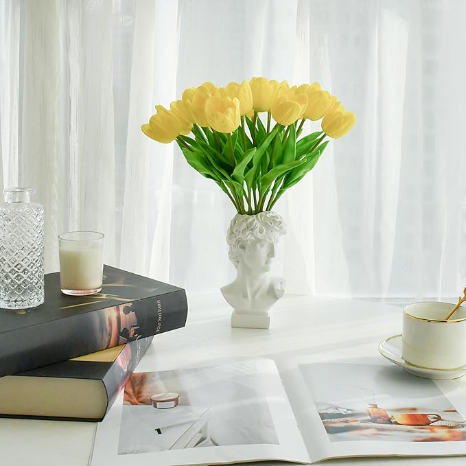 Mandy's Artificial Tulips 12 Stems Yellow Partially Open PU Faux Flowers for Wedding Home Decor 13.5 Inch