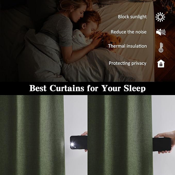 RAIN CITY 2 PCs Olive Green Linen Blackout Curtains 84 Inch Long for Living Room,Pinch Pleated Drape with Hooks Back Tab Boho Decor, Olive Forest Loden Full Black Out Curtains for Bedroom