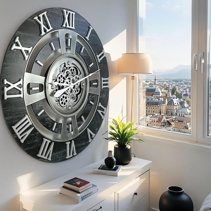 The Gears Clock Real Moving Gear Wall Clock England Line (Vintage Black, 36 inches (90 cm))